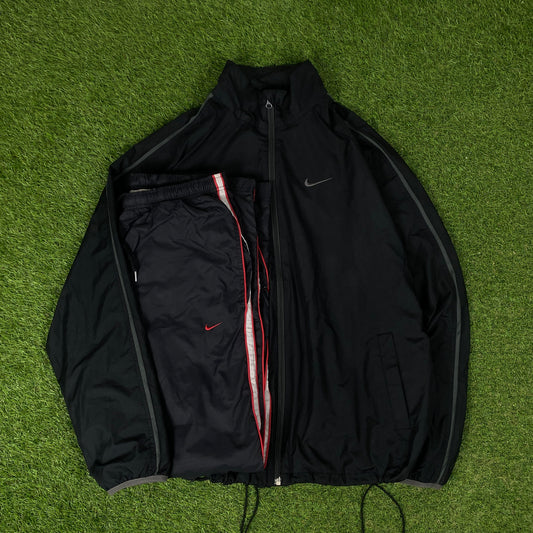 00s Nike Piping Windbreaker Tracksuit Set Jacket + Joggers Black XL