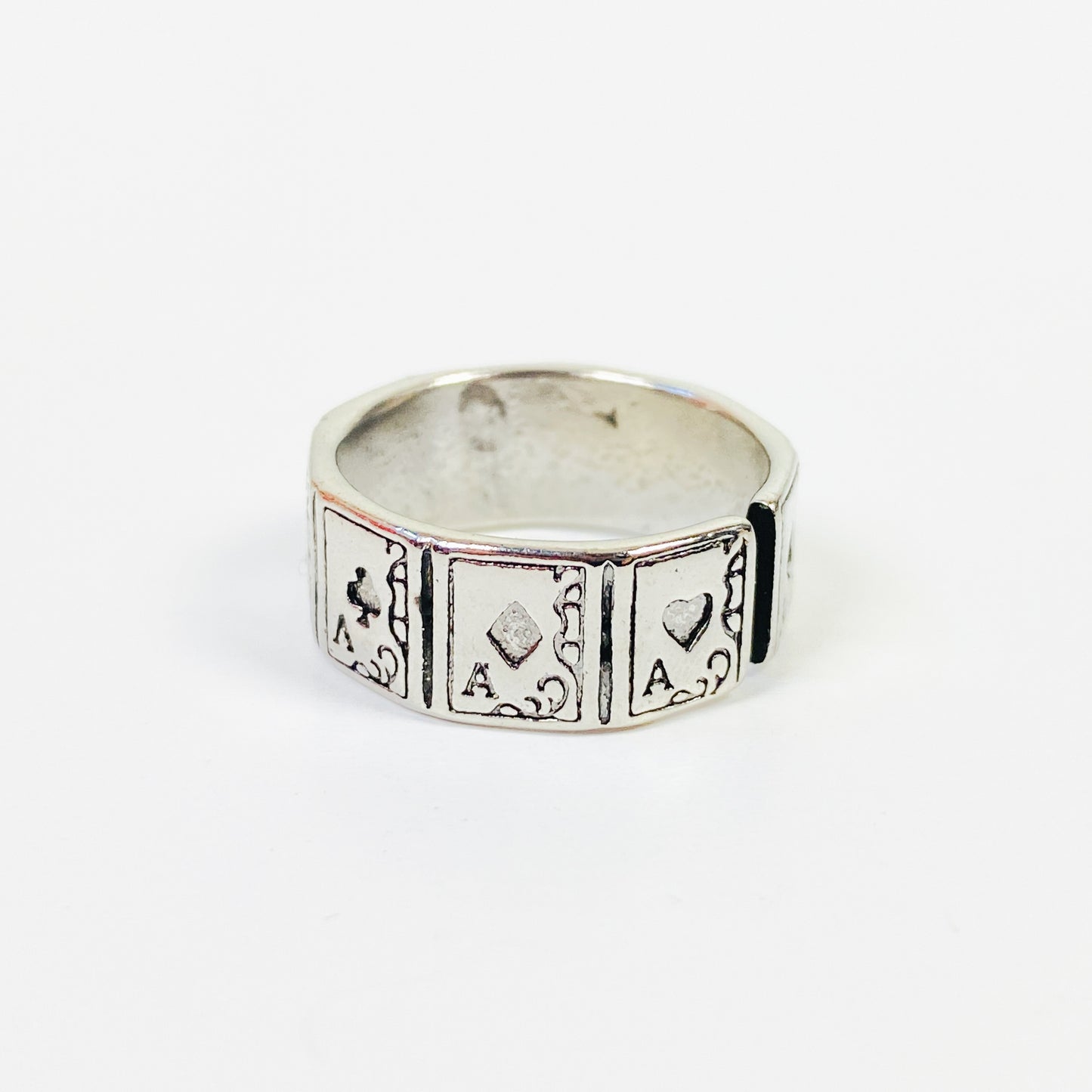 Vintage Retro Adjustable Card Ring Silver