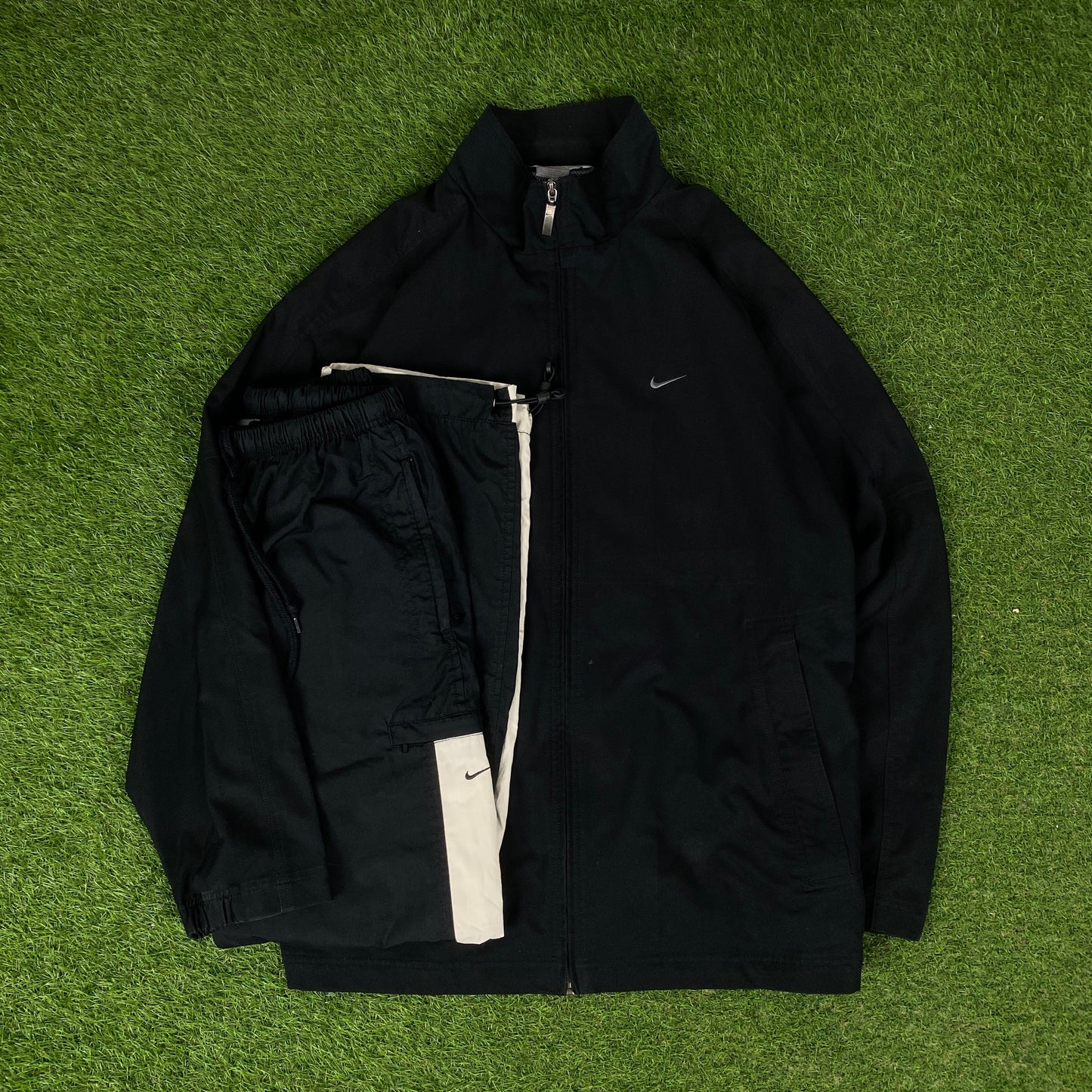 90s Nike Piping Windbreaker Tracksuit Set Jacket + Joggers Black XL