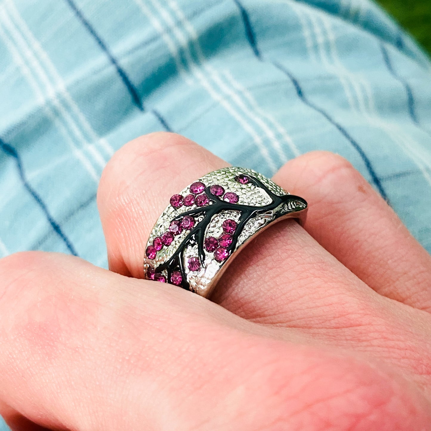 Retro Gemstone Tree Ring Silver