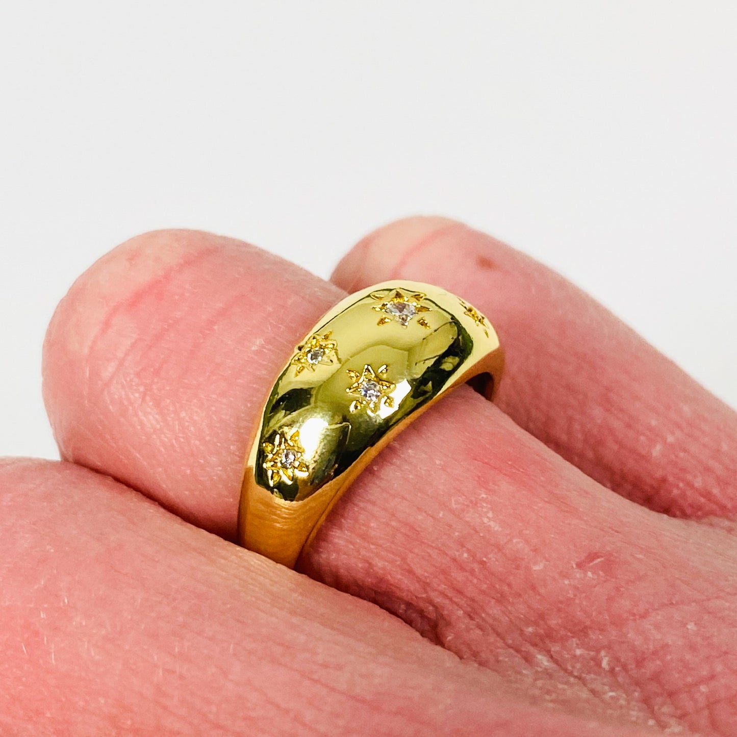 Adjustable Engraved Star Dome Ring Gold