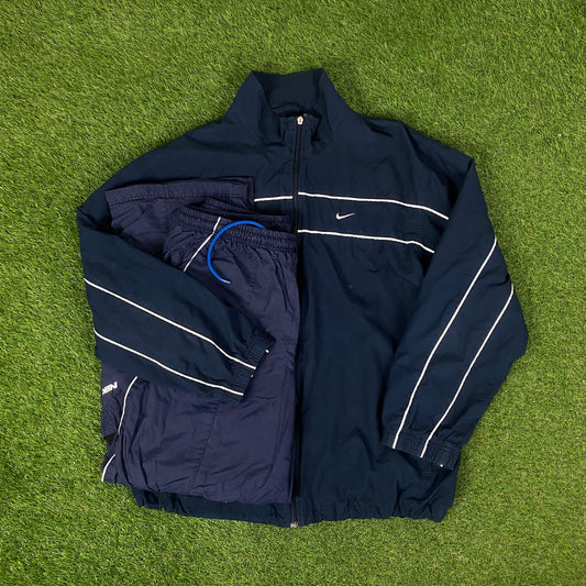 00s Nike Piping Windbreaker Tracksuit Set Jacket + Joggers Blue XL