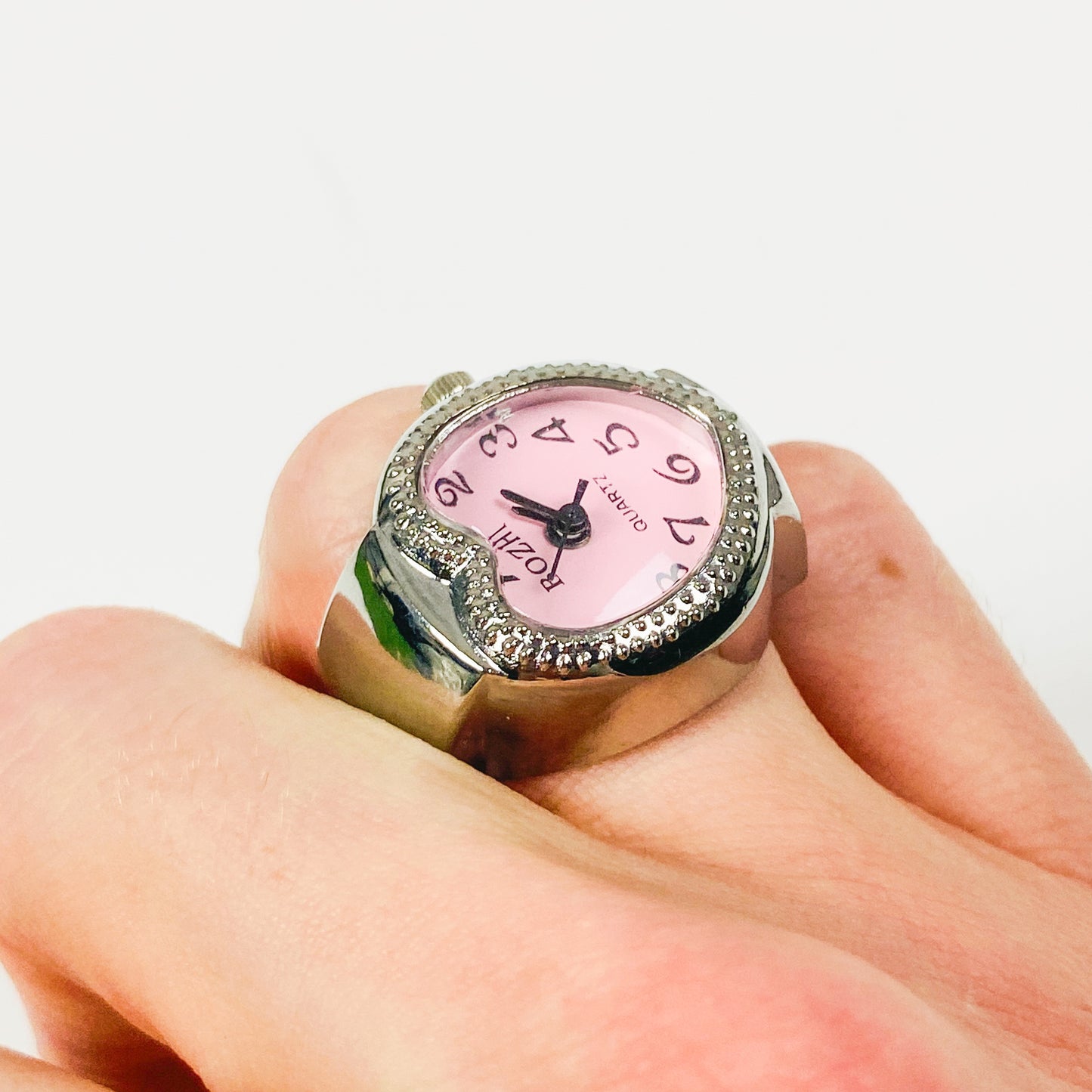 Retro Adjustable Heart Watch Ring Silver Pink