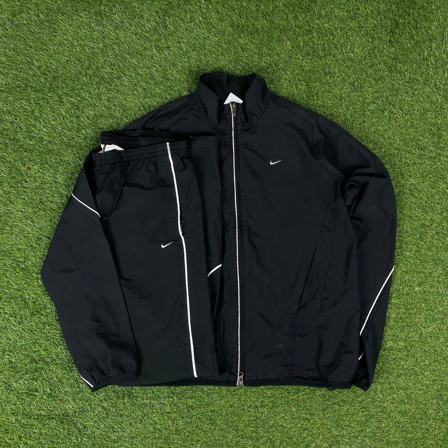 00s Nike Piping Windbreaker Jacket + Joggers Set Black Medium