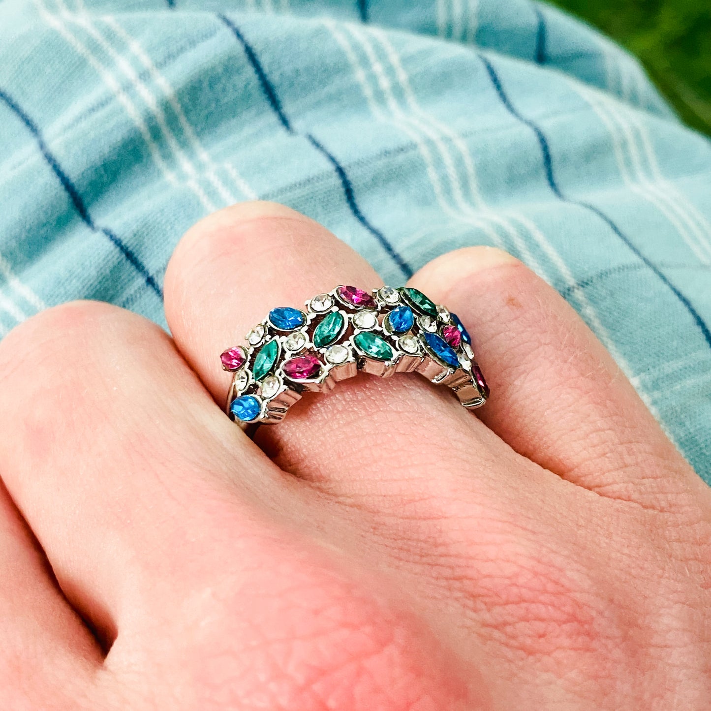 Retro Gem Band Ring Silver