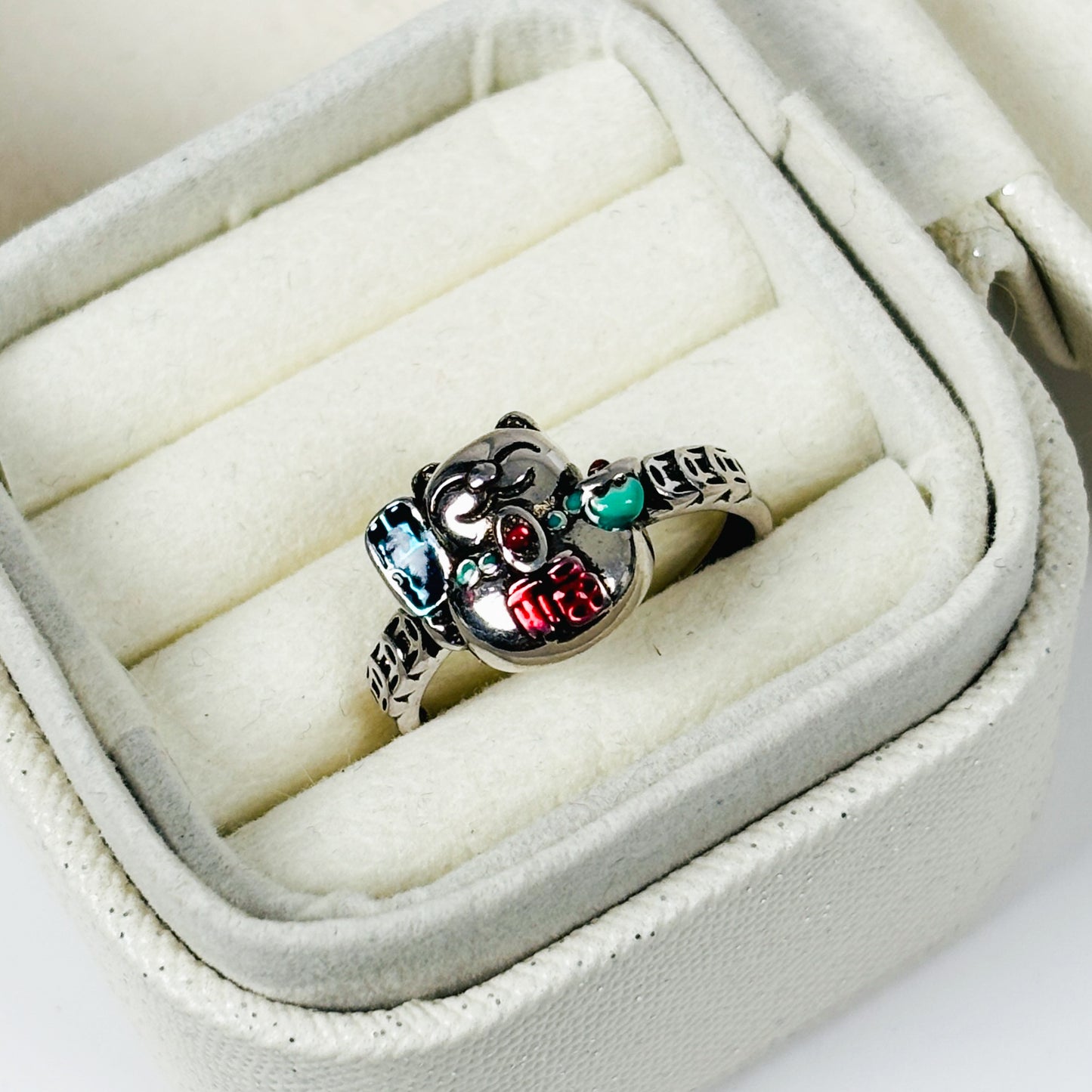 Lucky Cat Band Ring Adjustable Silver