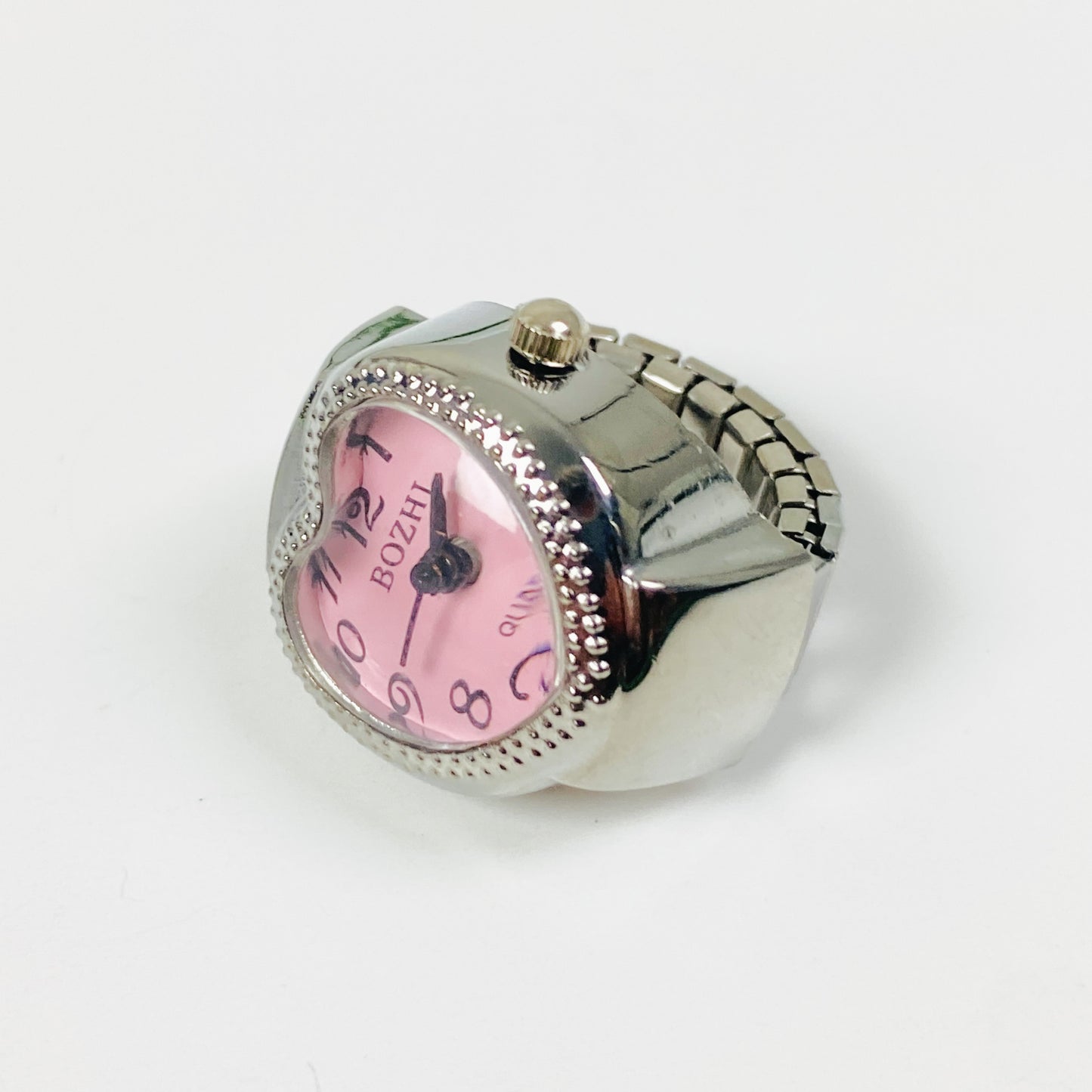 Retro Adjustable Heart Watch Ring Silver Pink