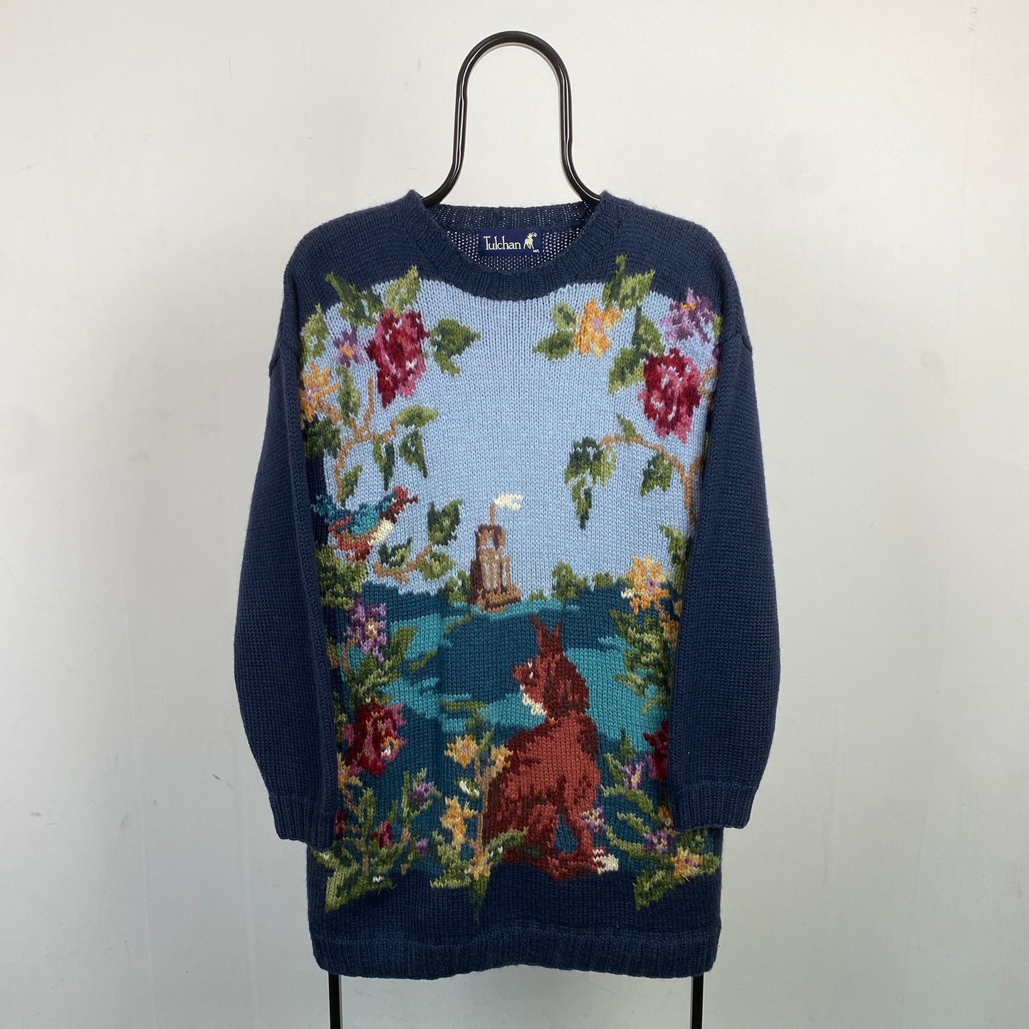 Retro Tulchan Tapestry Knit Sweatshirt Blue Large