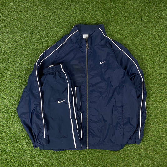 00s Nike Piping Windbreaker Tracksuit Set Jacket + Joggers Blue XL