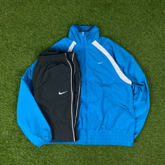 00s Nike Piping Windbreaker Tracksuit Set Jacket + Joggers Blue XL