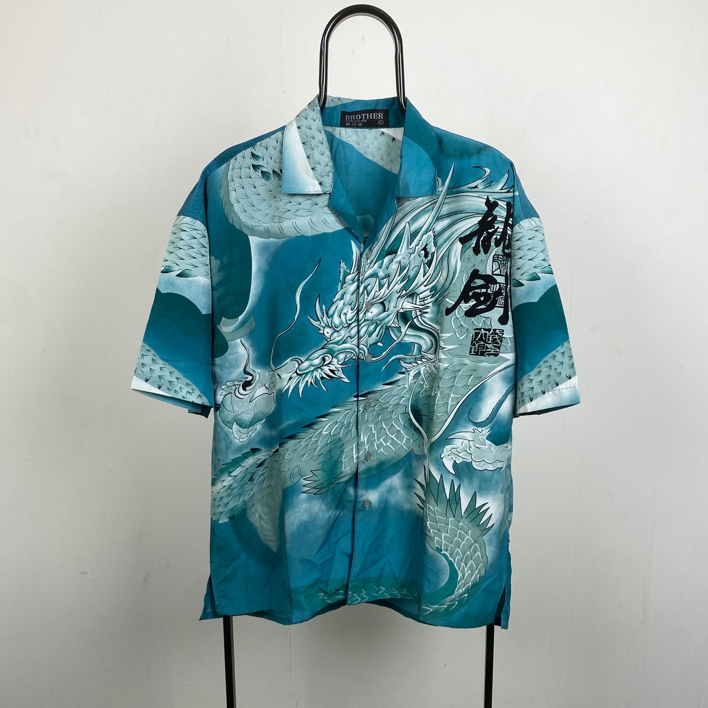 Retro Dragon Button Up Shirt T-Shirt Blue Large