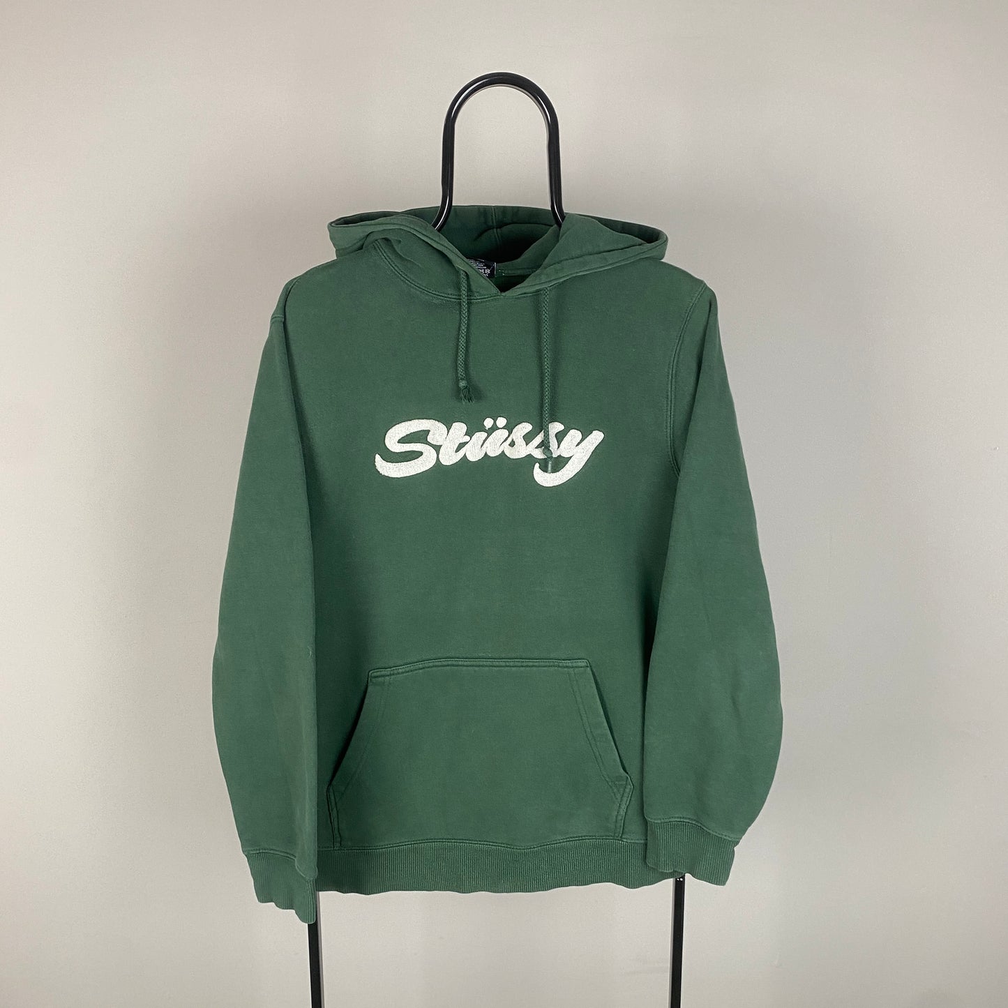 00s Stussy Chenille Logo Hoodie Green Medium