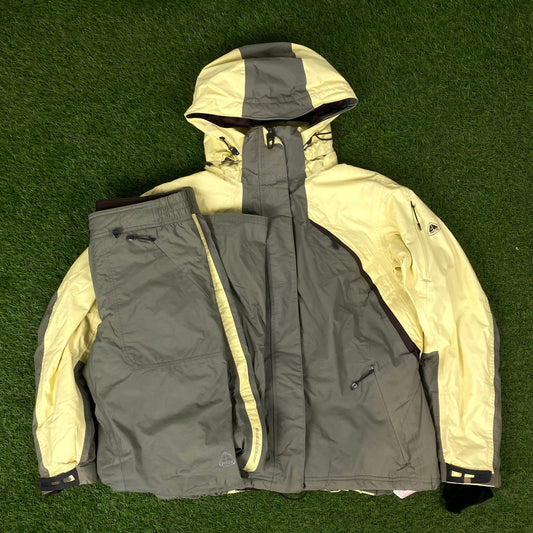 00s Nike ACG Snow Suit Ski Jacket + Salopettes Joggers Set Yellow Large