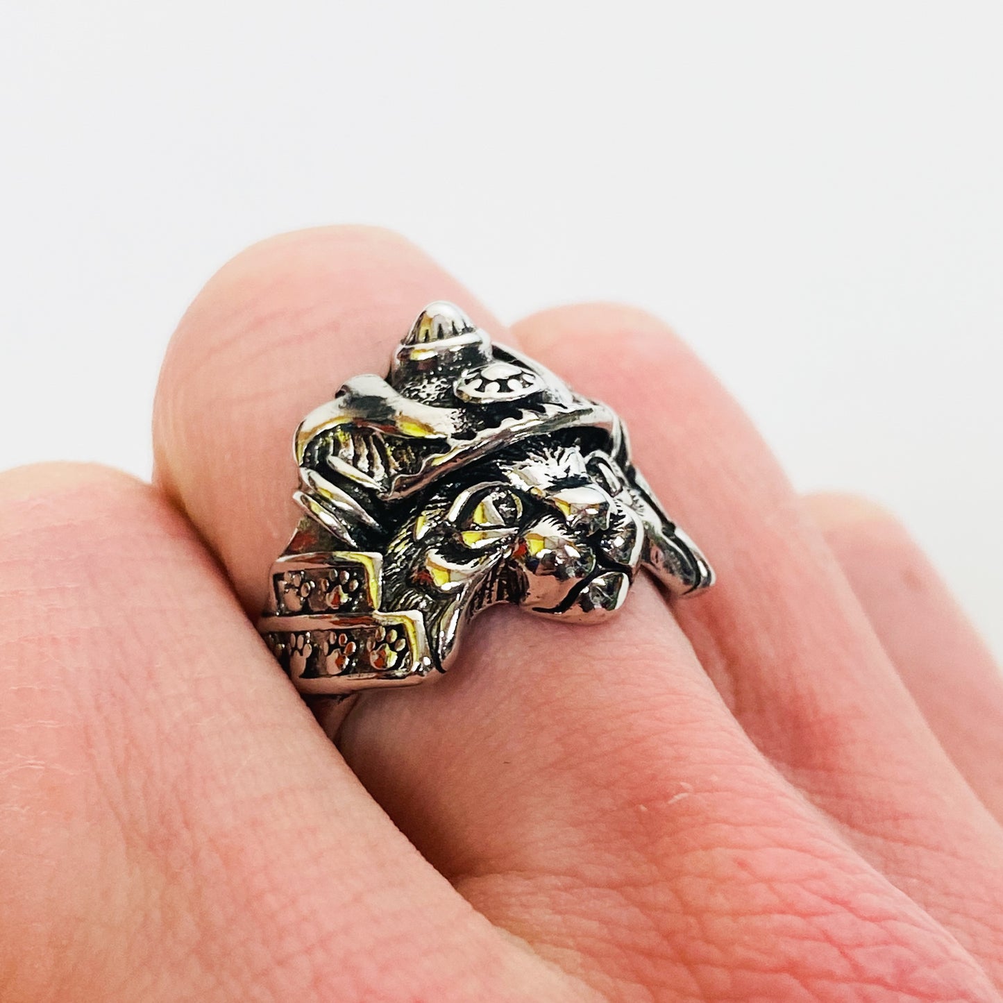 Vintage Adjustable Samurai Cat Ring Silver
