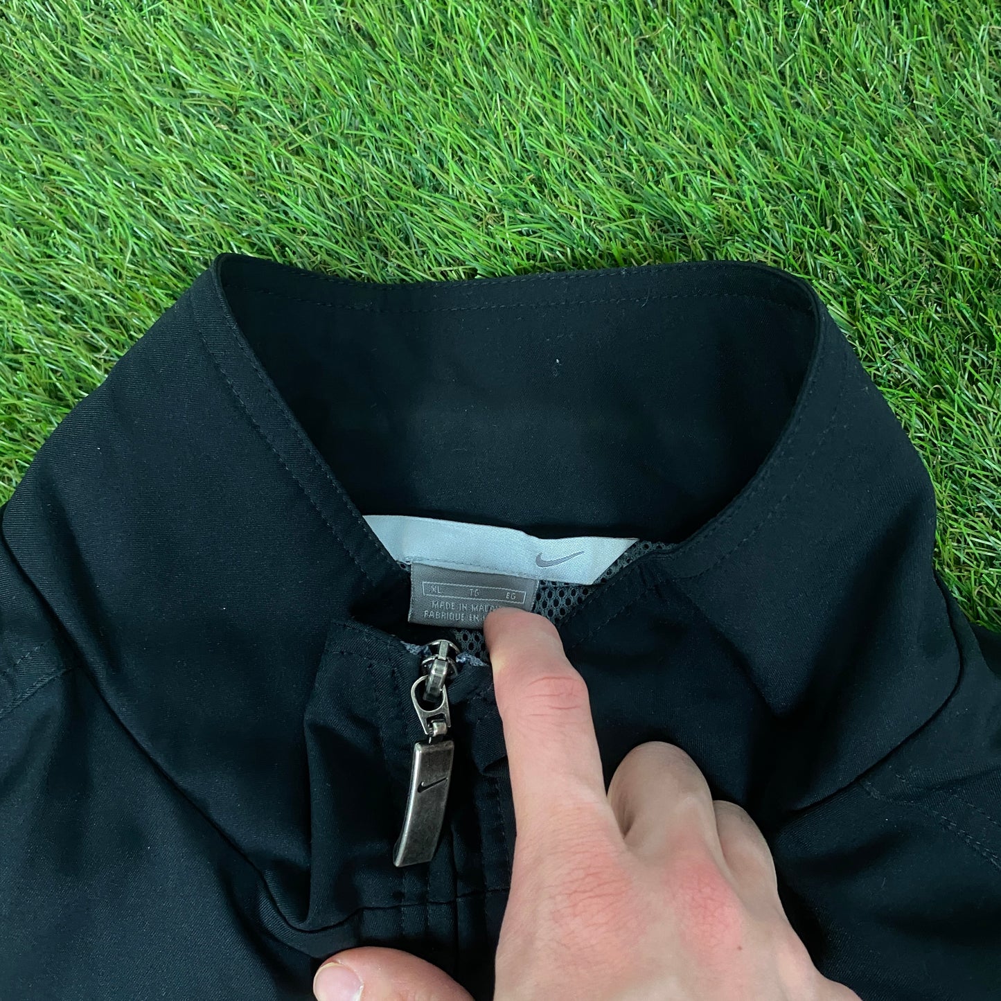 90s Nike Piping Windbreaker Tracksuit Set Jacket + Joggers Black XL