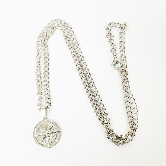 Retro Compass Chain Link Necklace Chain Silver