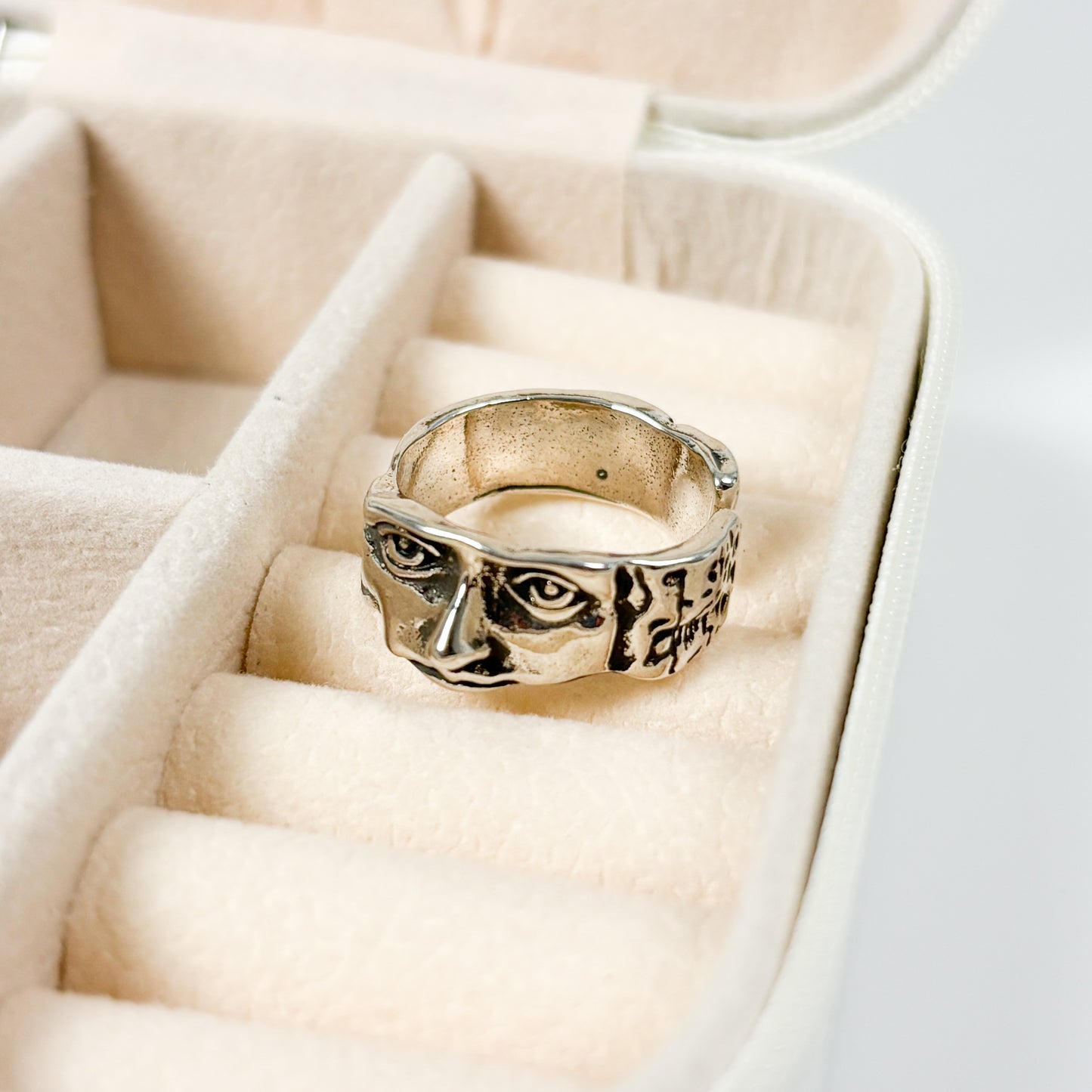 Carved Face Ring Silver