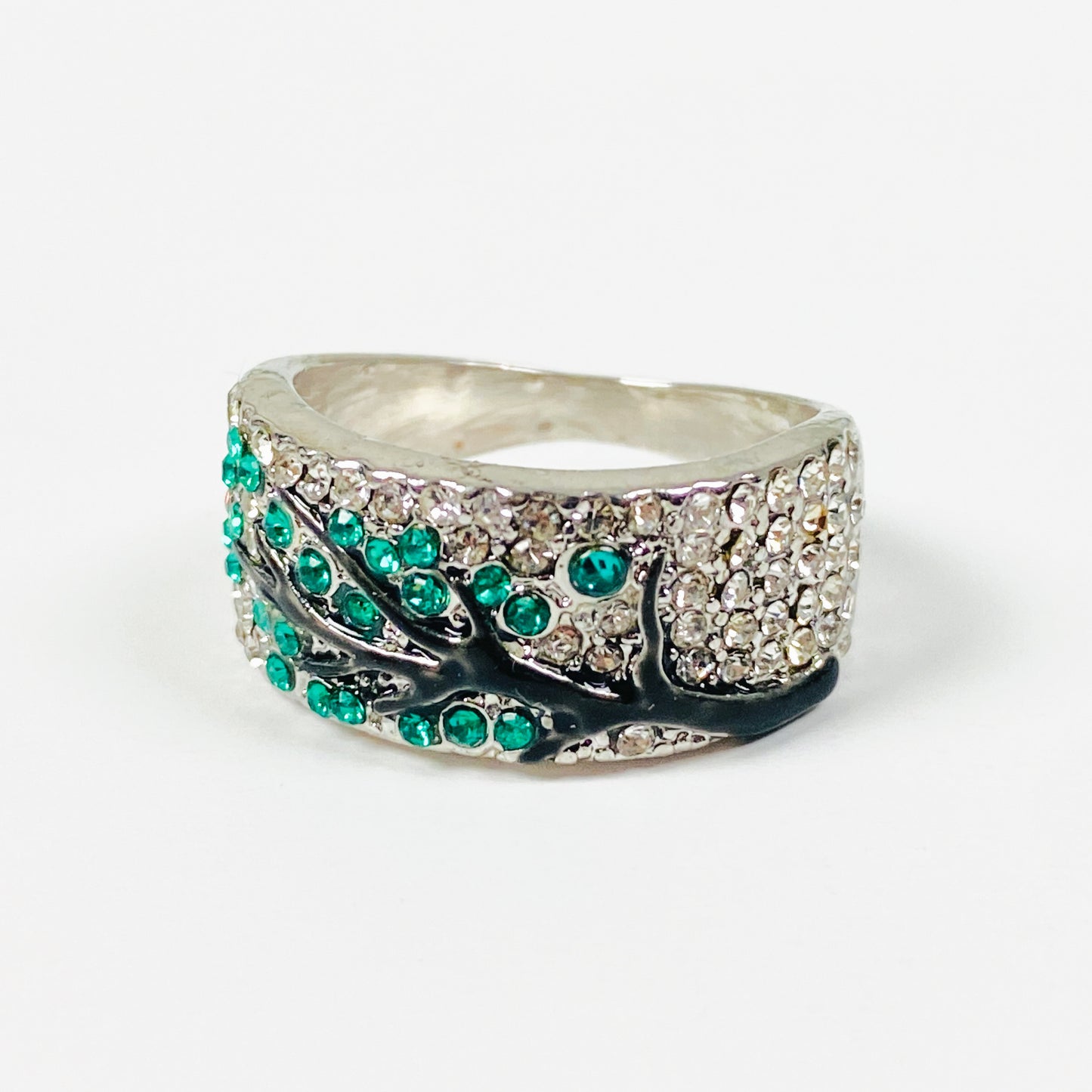 Retro Gemstone Tree Ring Silver Emerald