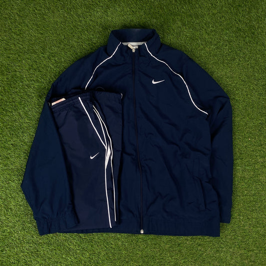 00s Nike Piping Windbreaker Jacket + Joggers Set Blue Medium