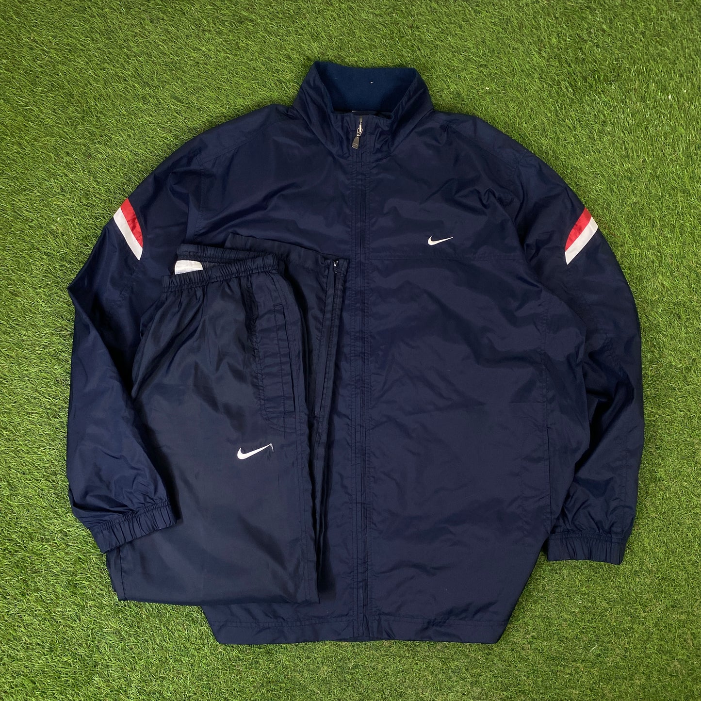 00s Nike Piping Windbreaker Tracksuit Set Jacket + Joggers Blue XL