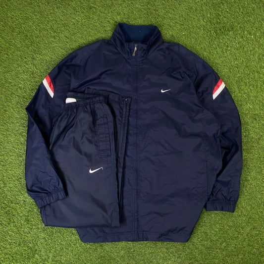 00s Nike Piping Windbreaker Tracksuit Set Jacket + Joggers Blue XL
