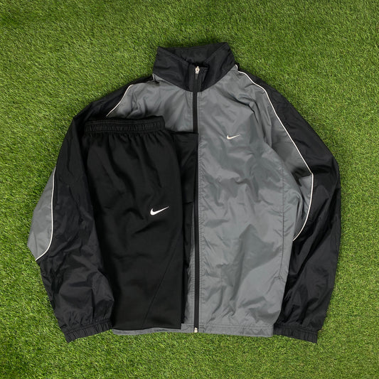 00s Nike Piping Windbreaker Tracksuit Set Jacket + Joggers Grey XL