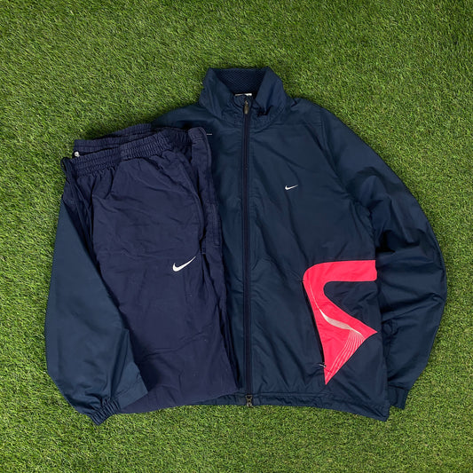 00s Nike Clima-Fit Piping Windbreaker Jacket + Joggers Set Blue Medium