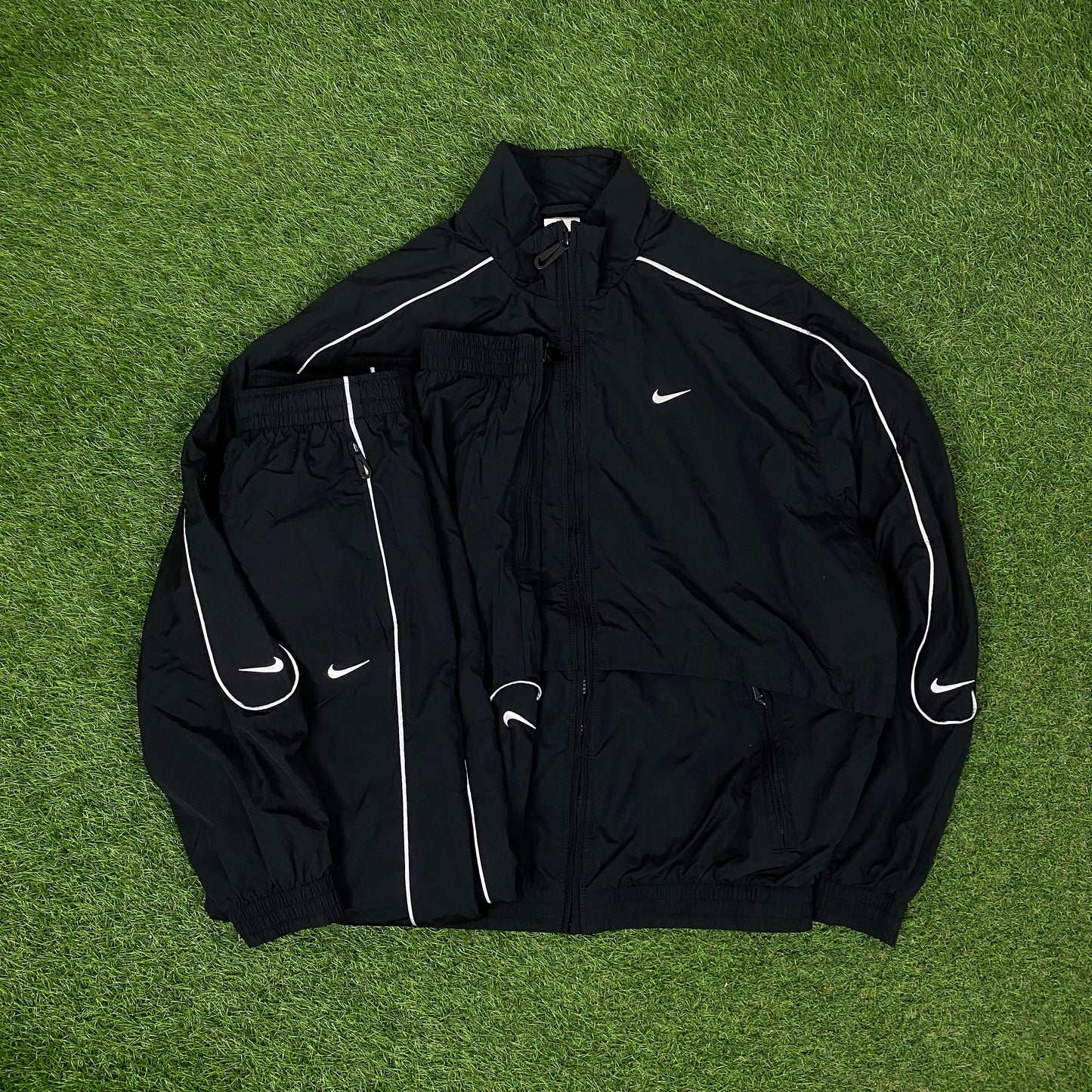 00s Nike Reflective Piping Windbreaker Jacket + Joggers Set Black Small/XS