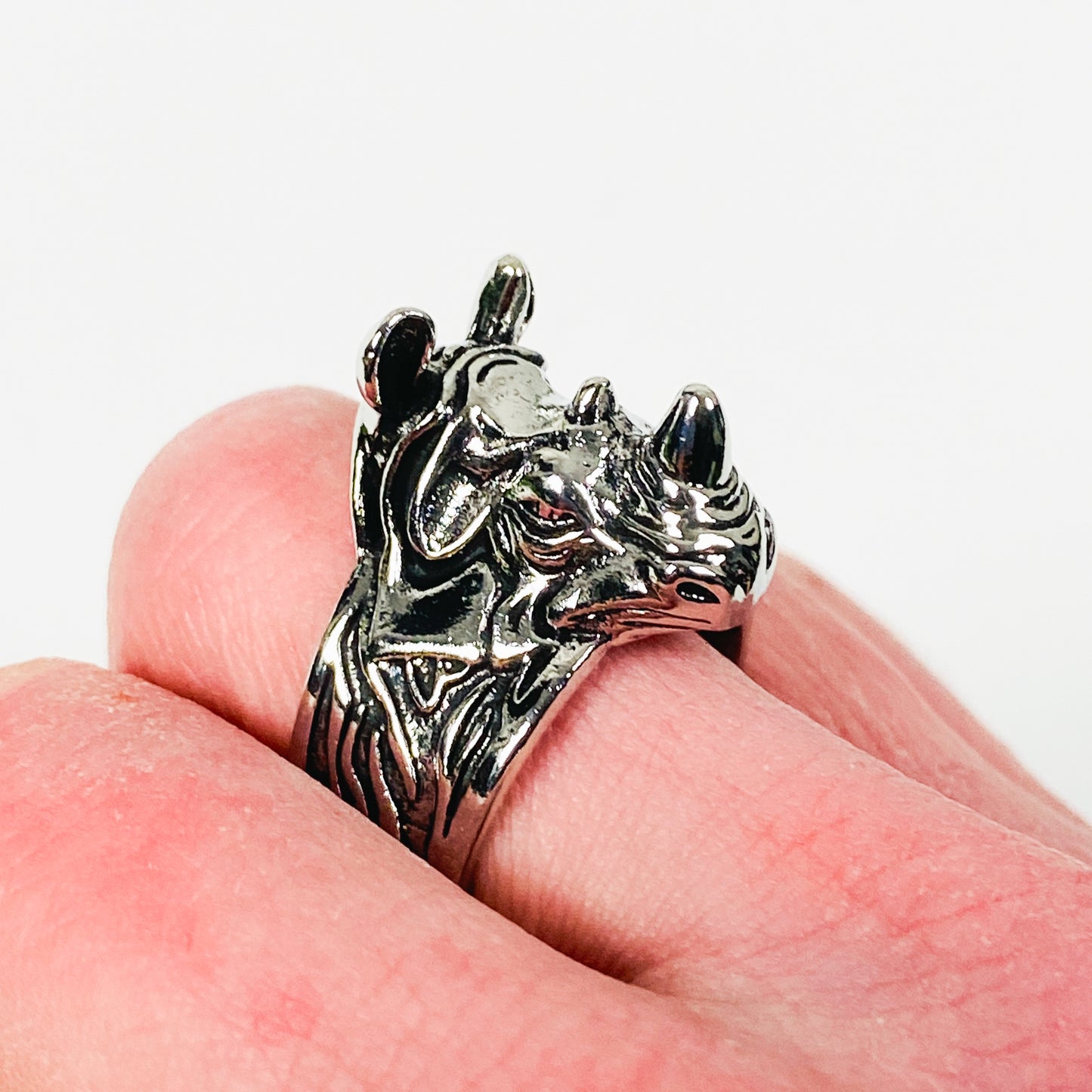 Adjustable Vintage Rhino Ring Silver