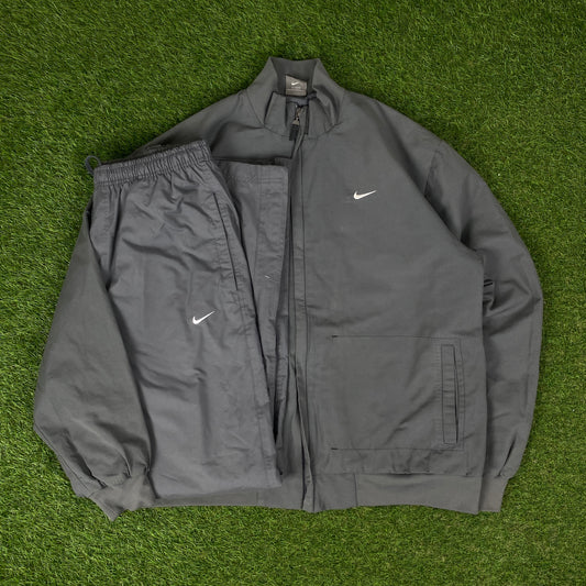 00s Nike Waterproof Tracksuit Jacket + Joggers Set Grey Large