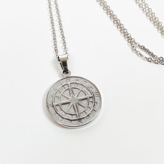 Retro Compass Necklace Chain Silver