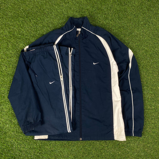 00s Nike Piping Windbreaker Jacket + Joggers Set Blue Small