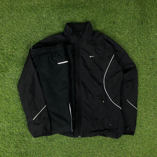 00s Nike Piping Windbreaker Tracksuit Set Jacket + Joggers Black XL