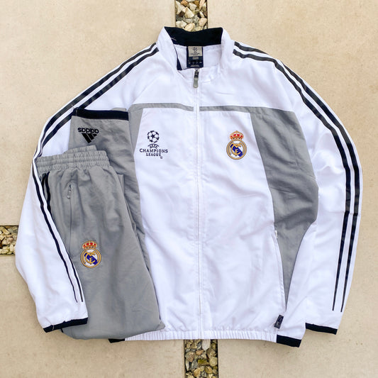 2004/05 Adidas Real Madrid Piping Tracksuit Jacket + Joggers Set White Large