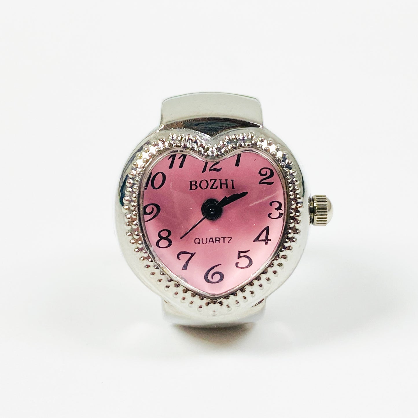 Retro Adjustable Heart Watch Ring Silver Pink
