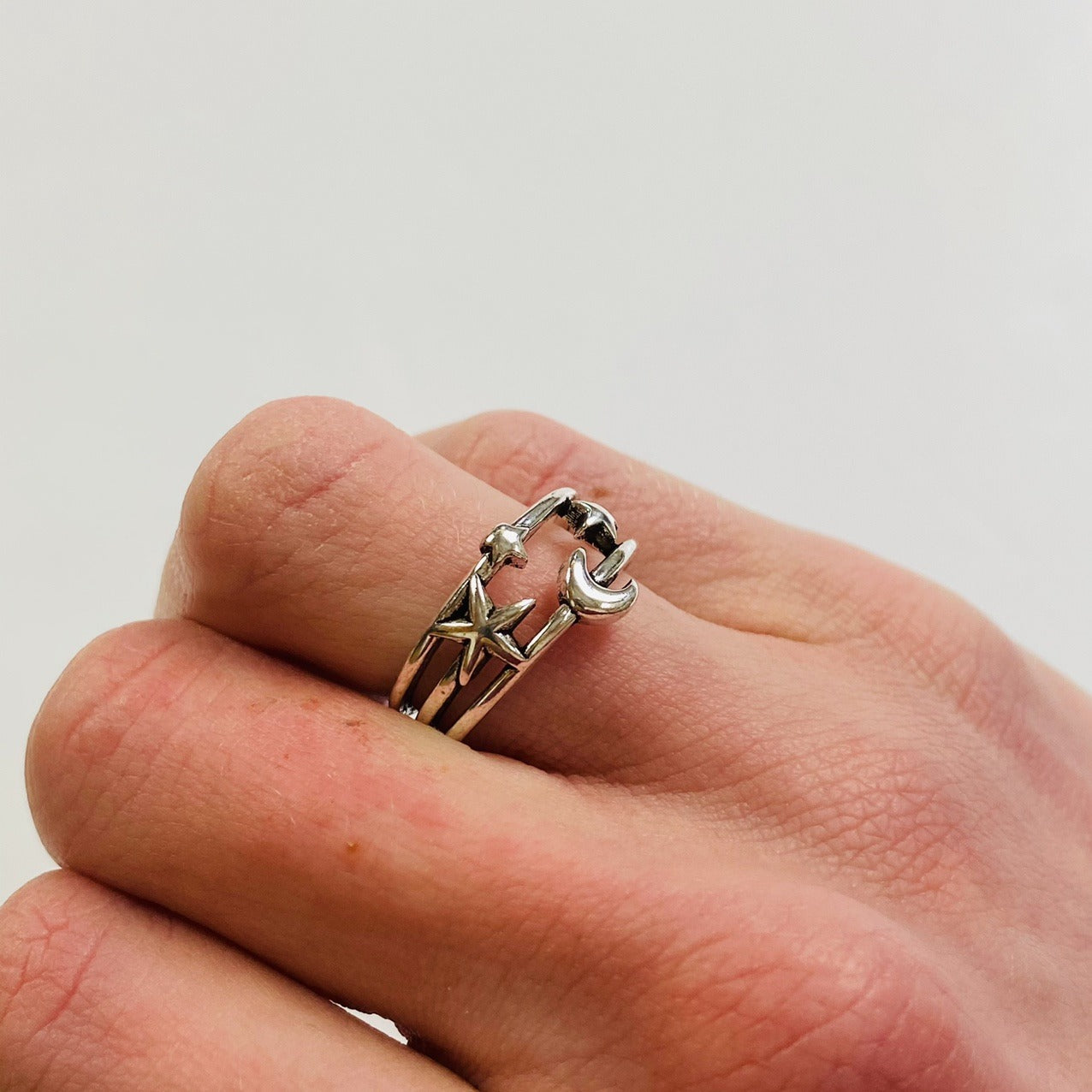 Adjustable Star & Moon Ring Silver