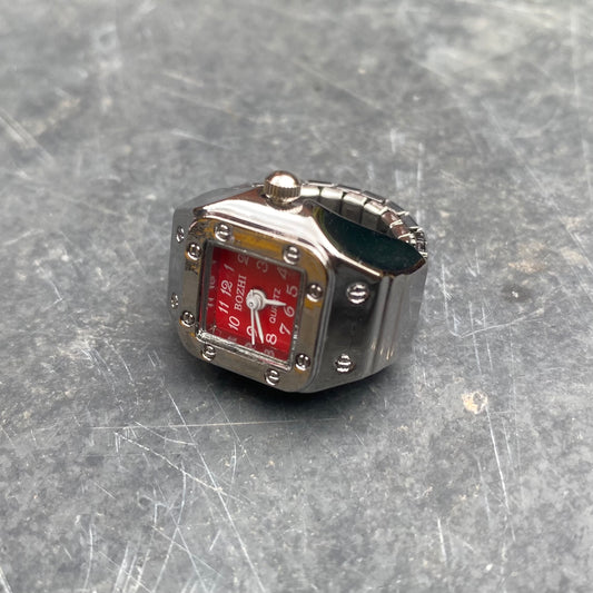 Vintage Watch Ring Silver Red Adjustable