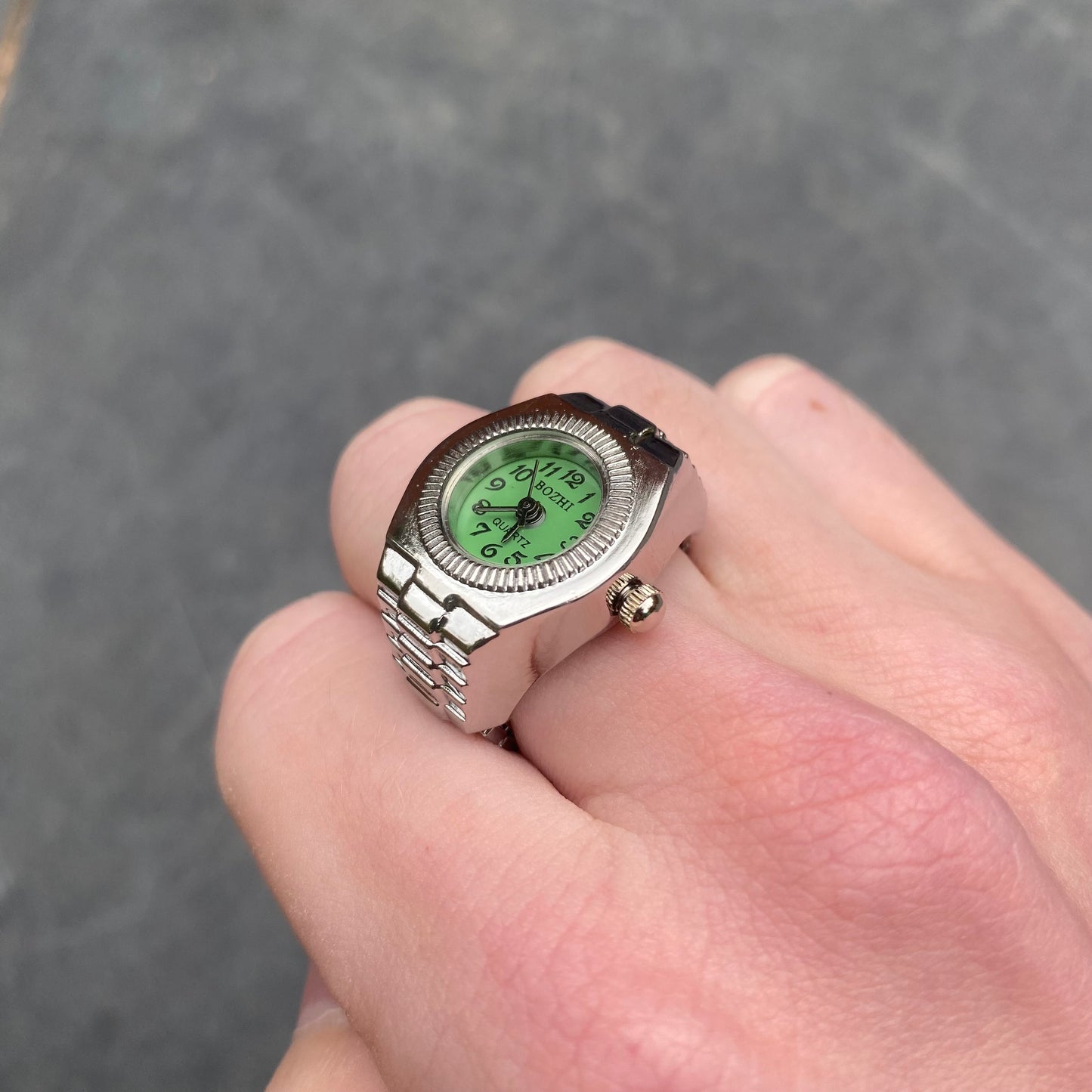 Watch Ring Silver Green Adjustable