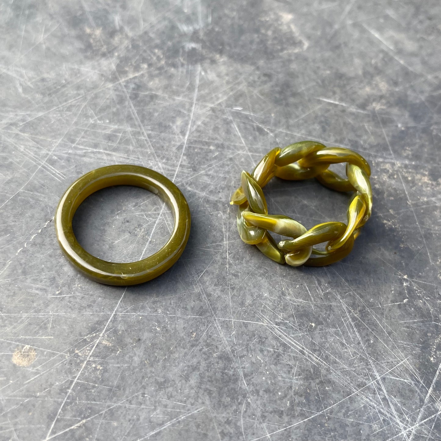 Retro Colour Block Ring Set Green