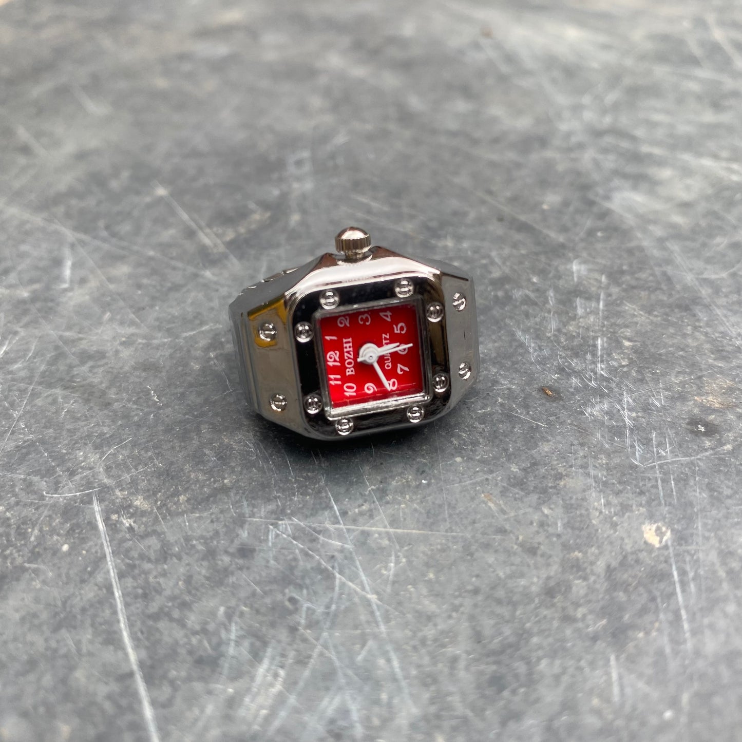 Vintage Watch Ring Silver Red Adjustable