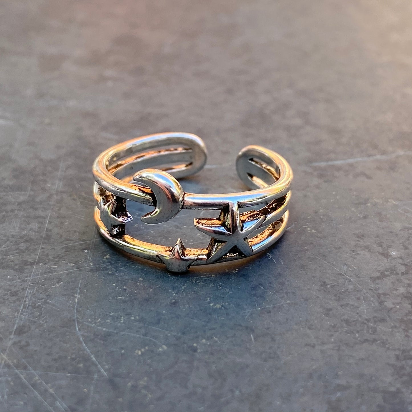 Adjustable Star & Moon Ring Silver