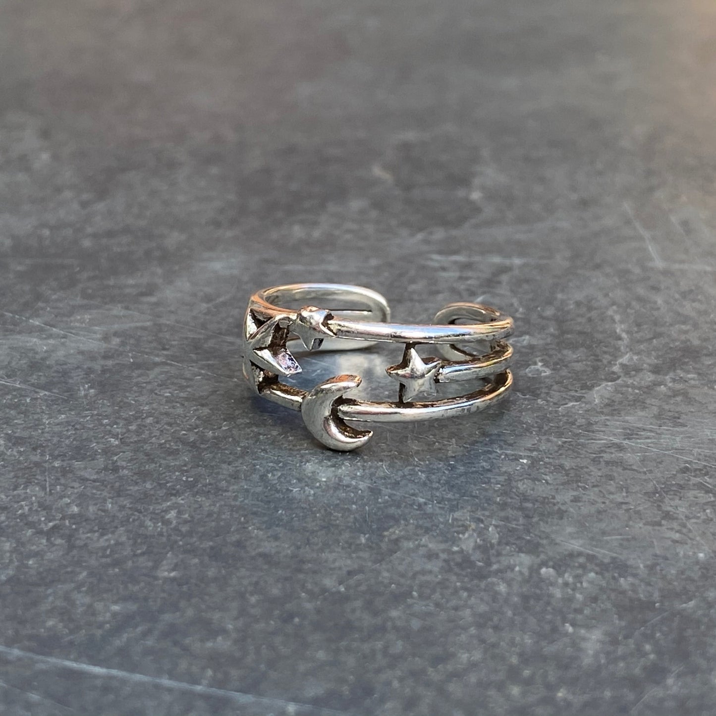 Adjustable Star & Moon Ring Silver