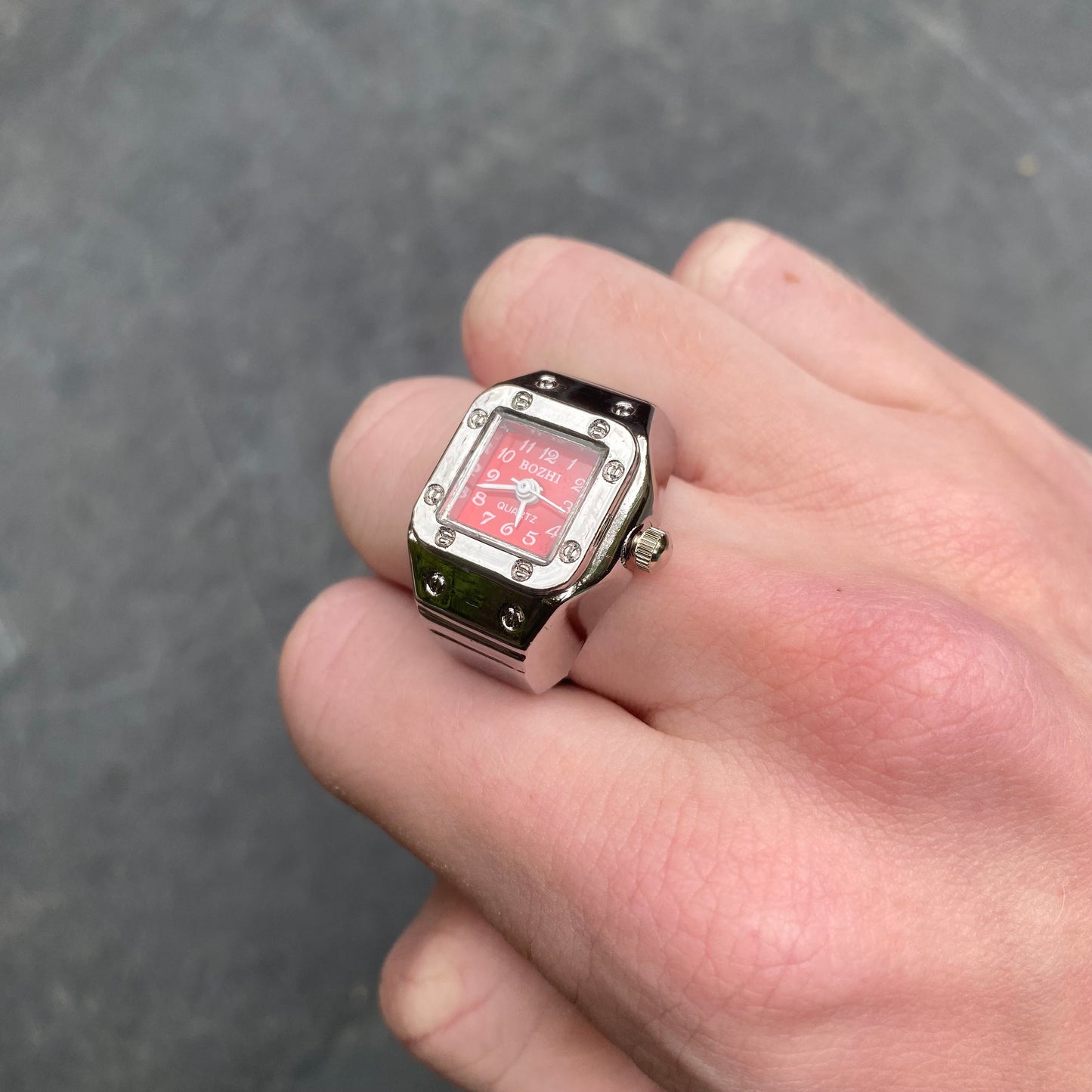 Vintage Watch Ring Silver Red Adjustable