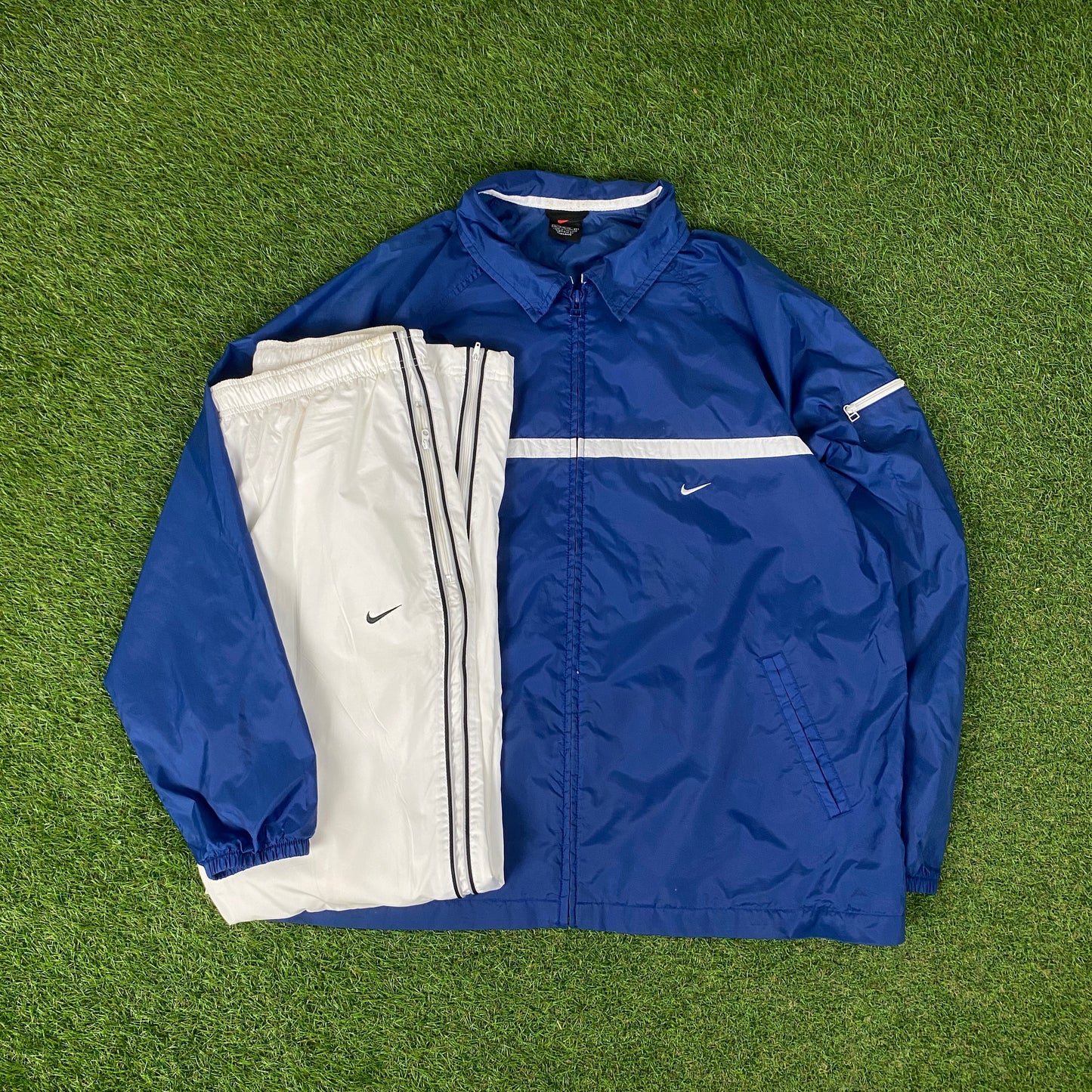 90s Nike Piping Windbreaker Tracksuit Set Jacket + Joggers Blue XL