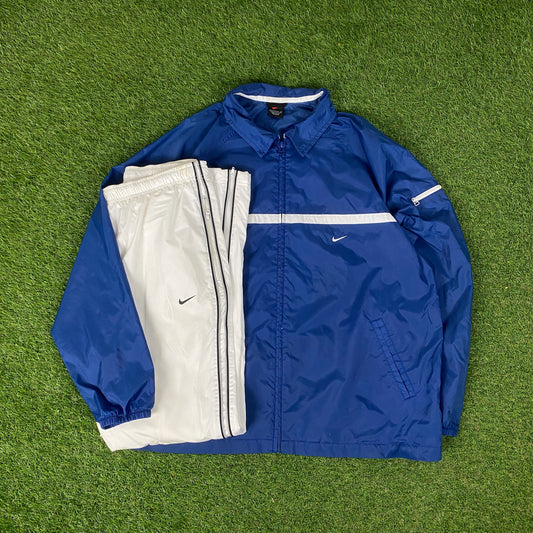 90s Nike Piping Windbreaker Tracksuit Set Jacket + Joggers Blue XL