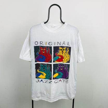 Retro 90s Jazz Cat T-Shirt White XL