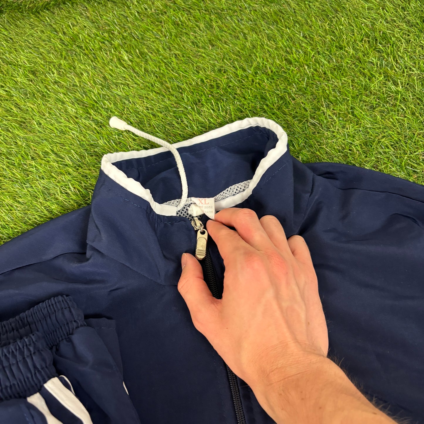 90s Adidas Piping Windbreaker Tracksuit Set Jacket + Joggers Blue XL