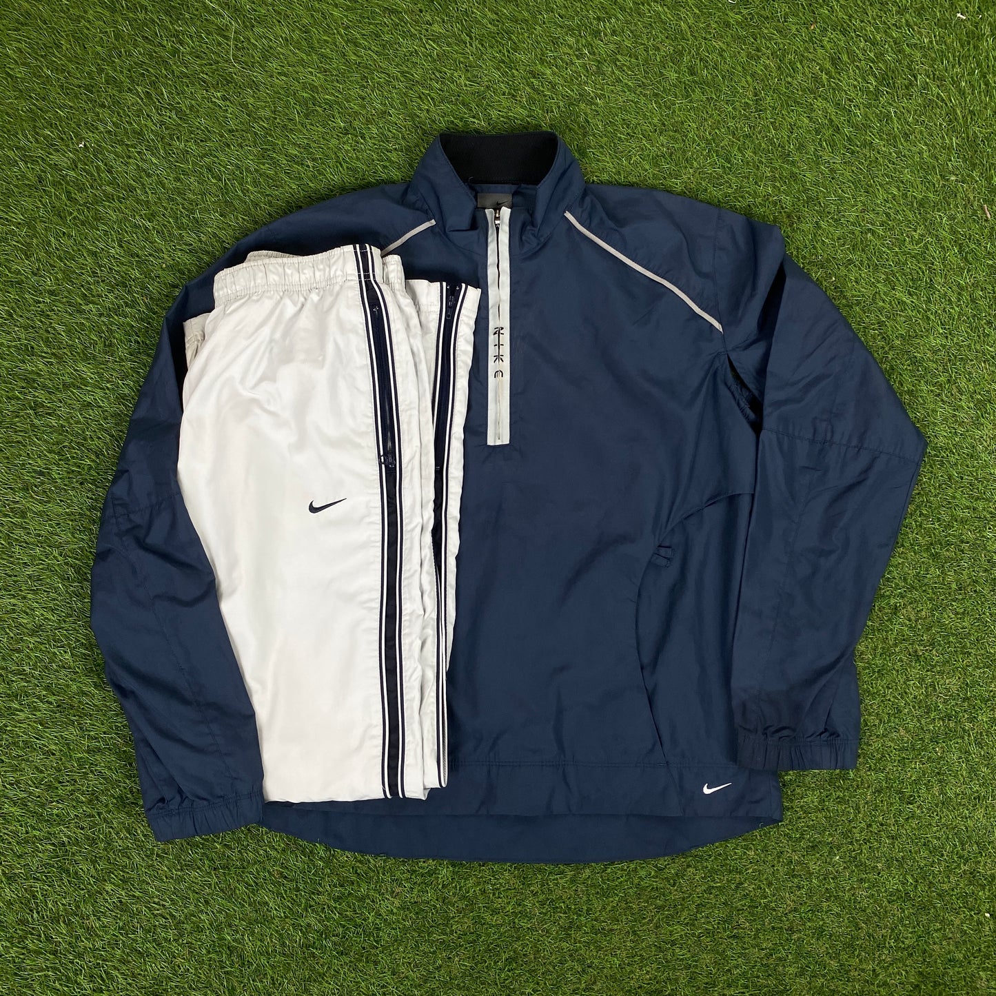 00s Nike Piping Windbreaker Jacket + Joggers Set Blue Small