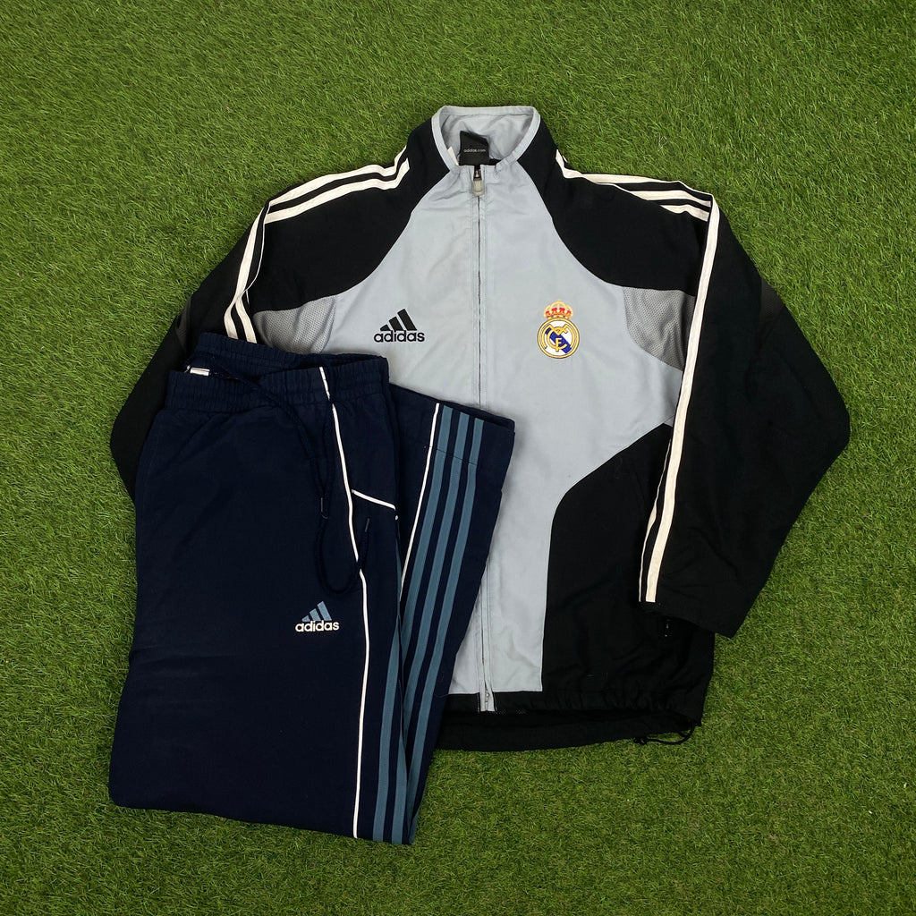 90s Adidas Real Madrid Tracksuit Jacket + Joggers Set Blue Small