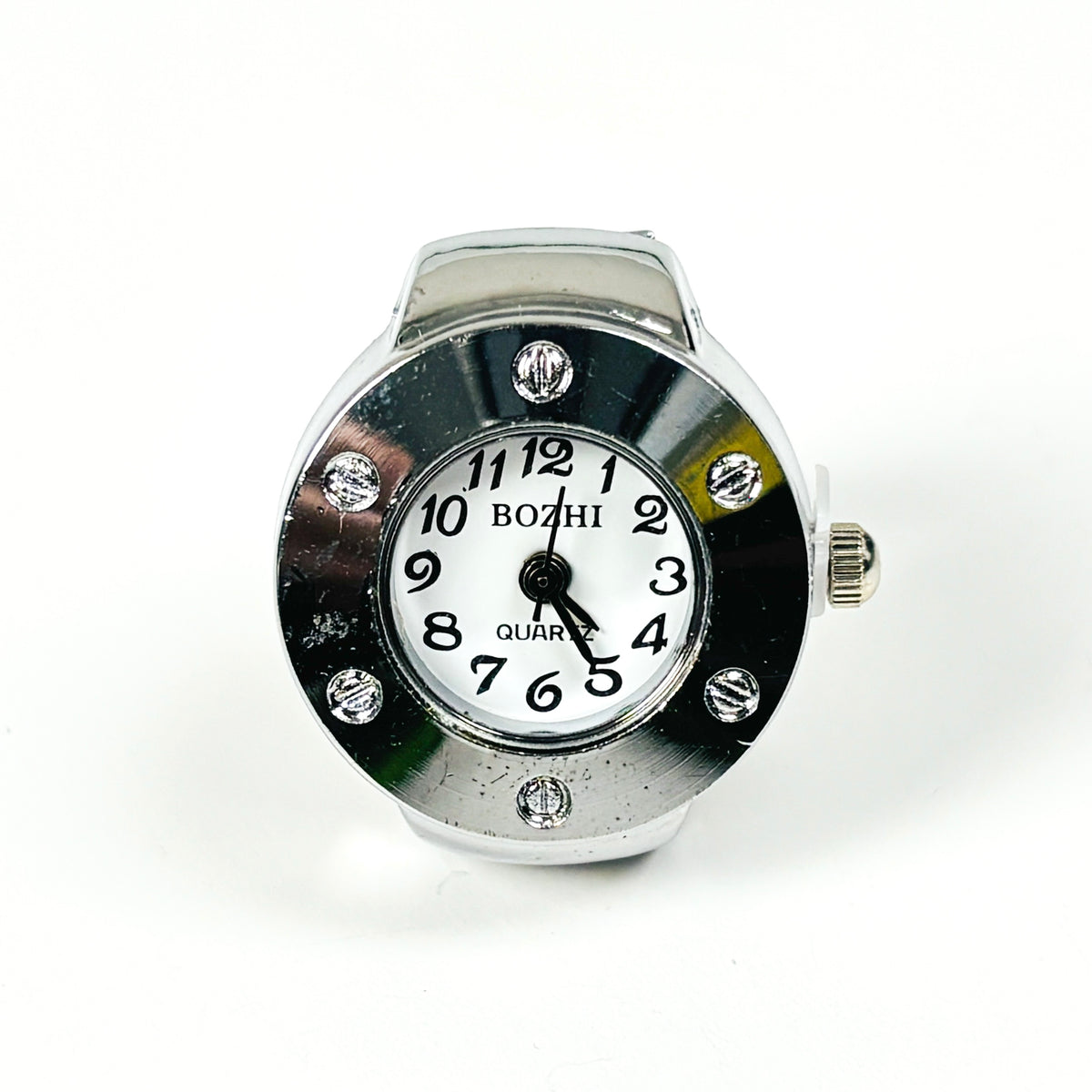 A BOZHI quartz wristwatch with a round silver-tone case, white dial, black numerals, and rhinestone accents on a white background.